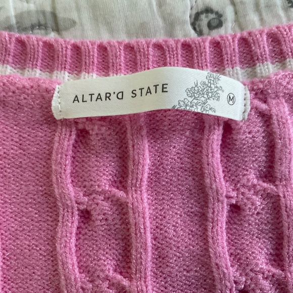 Altar’d State Pink Cropped Cable Knit Preppy Sweater Medium Barbie - Picture 3 of 7